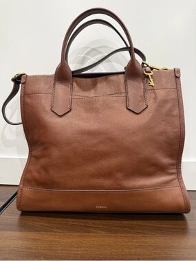 Fossil Kyler Satchel Cognac Leather Tote with Gold Hardware